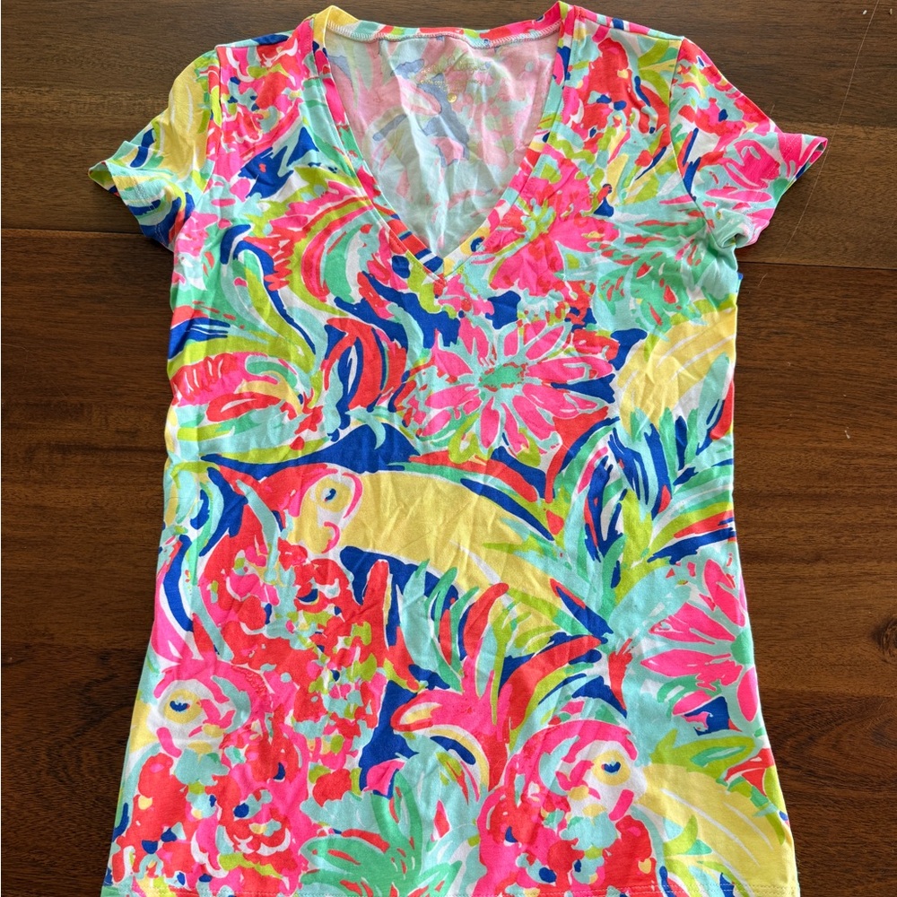 Lilly Pulitzer Neon Floral V-Neck Tee in Pink, Blue, Yellow, Mint